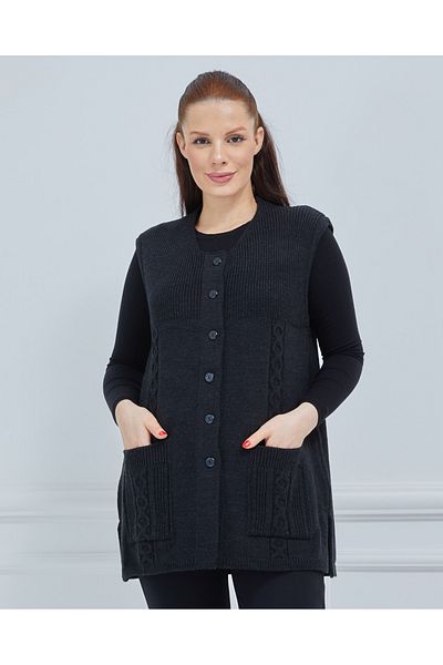 Elçelya Moda Women's Black Round Neck Knitwear Buttoned Winter Wool Vest with Pockets