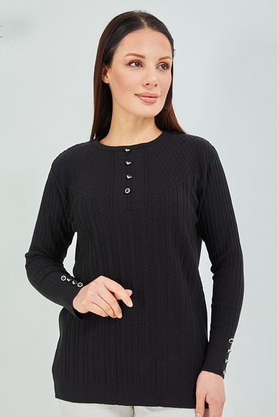 Elçelya Moda Pulover Mamei Negru Mercerizat Flexibil Lycra Buton Detaliat Bluza Pulover