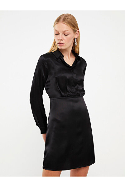 LC Waikiki Μαύρο ίσιο μακρυμάνικο σατέν γυναικείο βραδινό φόρεμα