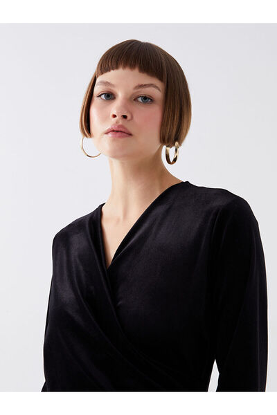 LC Waikiki Dvouřadé dámské šaty s koženým límcem s dlouhým rukávem