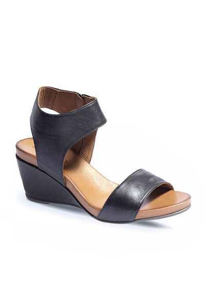 BUENO Μαύρα δερμάτινα γυναικεία σανδάλια - Wedge Heels, Μοντέλο 01wn0501