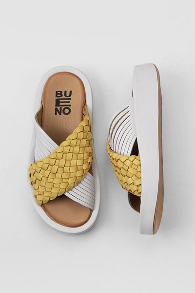 Bueno Shoes Papuci de damă din piele galbenă albă cu toc pană - 01wu4624