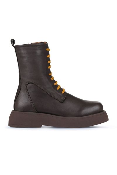 Bueno Shoes Δερμάτινα γυναικεία μποτάκια - Καφέ κίτρινο, Flat Model, 01wz6401
