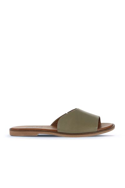 Bueno Shoes Πράσινες Δερμάτινες Γυναικείες Παντόφλες - Flat Design 01wa5701