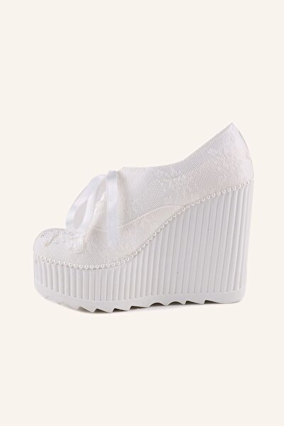 MARCATELLI Bej Saten 12 Cm Dolgu Topuk Spor Gelin Ayakkabısı