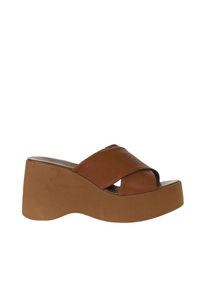 Bueno Shoes Taba Koyu Deri Kadın Dolgu Topuklu Terlik 01wy9005