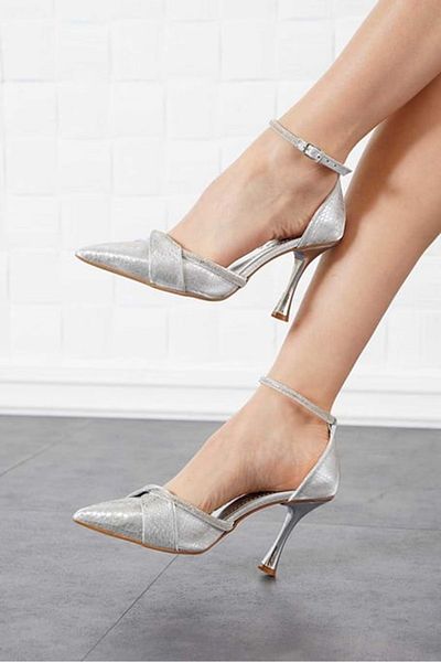 KOCAMANLAR Feles Glezne Stripe Stone Detaliat Toc Stiletto Pantofi de damă SILVER