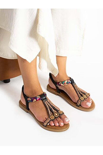 KOCAMANLAR Sandale de damă Feles negre - Detaliu talpă plată și eșarfă