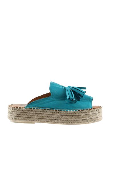 Bueno Shoes Tyrkysové kožené dámské espadrilky - pantofle na klínovém podpatku 01wq3511