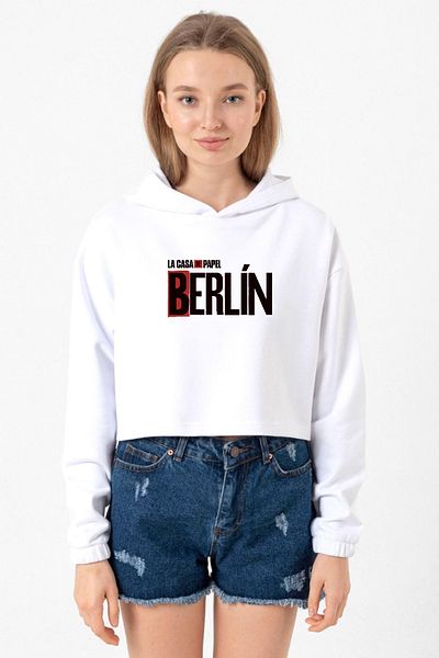 Tshirthane La Casa De Papel Berlin White Optical Women's Crop Hoodie