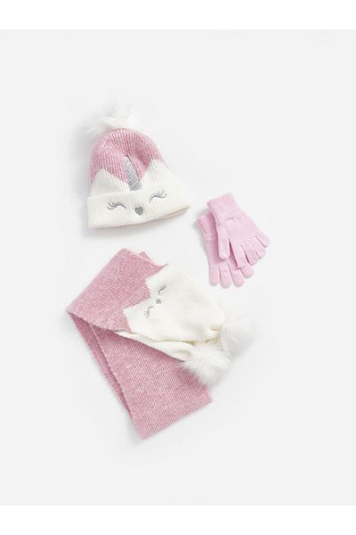 LC Waikiki Pompom Detailed Girl's Scarf Beanie and Gloves