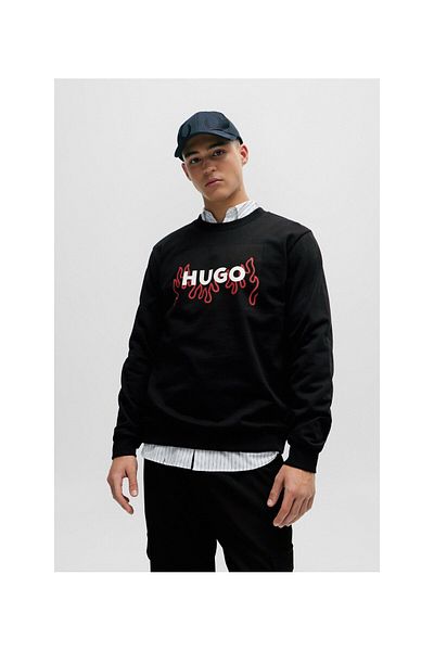 HUGO Λογότυπο Flame, Φούτερ από βαμβακερή πετσέτα κανονικής κοπής