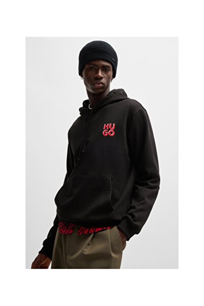 HUGO Yığın Logo Baskılı, Pamuklu Havlu Kumaştan Kapüşonlu Sweatshirt