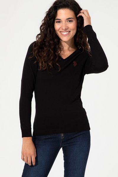 U.S. Polo Assn. Pulover de bază pentru femei cu decolteu în V negru - 50251903 -VR046