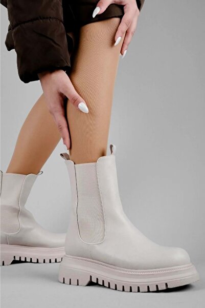 FELES Women's Thick and High Sole Elastic Chelsea Daily Boots BEIGE