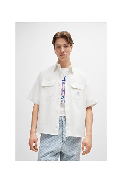 HUGO Logo Yamalı Pamuklu Twill Bol Kesim Gömlek