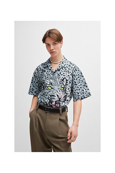 HUGO Desenli Pamuklu Büyük Boy Kısa Kollu Gömlek