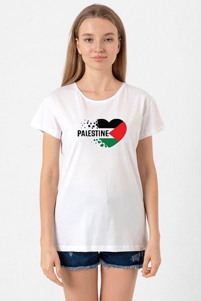 Tshirthane Heart Palestine Flag White Women's Bicycle Collar T-shirt