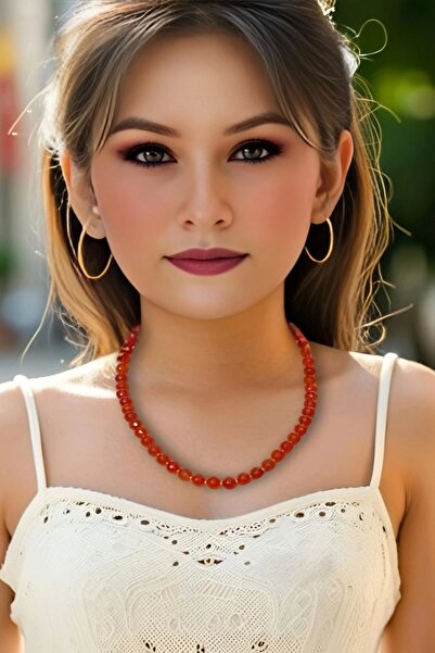 Pozitif Doğal Taş Karnelyan Akik Kolye 8mm Faset Kesim 308-4