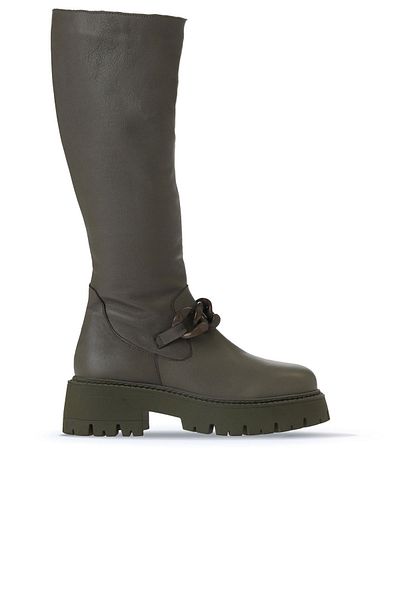 Bueno Shoes Χακί Δερμάτινα Γυναικεία Flat Μποτάκια 01wv3119