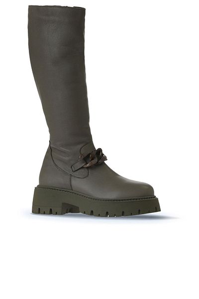 Bueno Shoes Χακί Δερμάτινα Γυναικεία Flat Μποτάκια 01wv3119