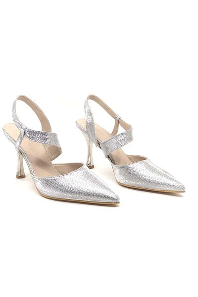 KOCAMANLAR Pantofi cu toc de damă Stiletto cu spatele deschis detaliat în cruce Feles SILVER