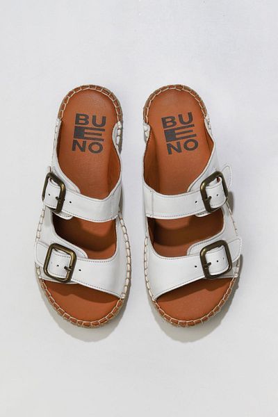 Bueno Shoes Papuci plati din piele albă pentru femei - 01wu2518