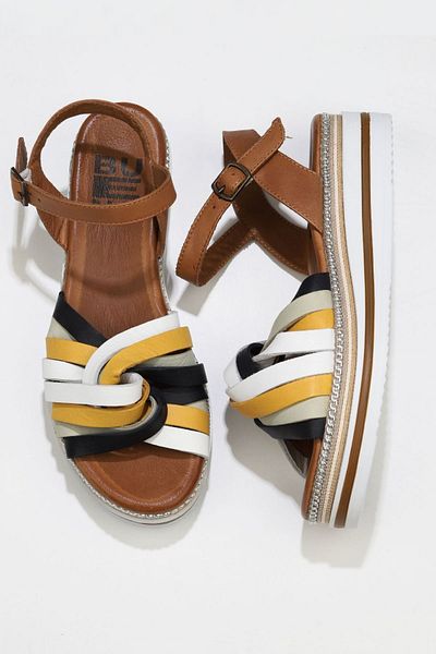 Bueno Shoes Sandale de damă din piele multiplă albastru bleumarin - Tocuri cu pană 01wu0405