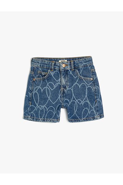 Koton Cotton Heart Printed Denim Shorts