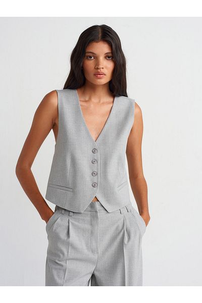 Dilvin 60545 Back Detailed Blazer Vest-Light Grey