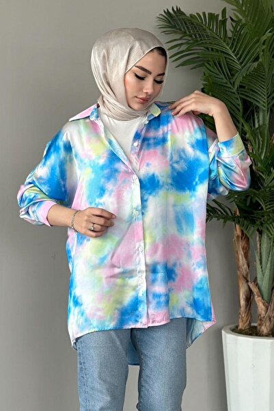 Hazamoda Cămașă din satin marmorat albastru