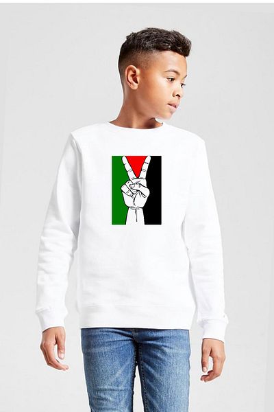Tshirthane Hanorac 2ip pentru copii, alb, cu mână liberă, cu drapel palestin