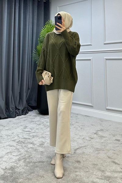 Şule Giyim Wrapped Hair Knit Sweater Khaki