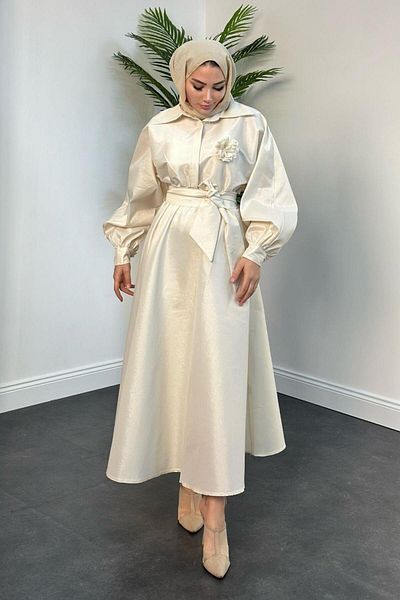 Şule Giyim Begüm Rose Detailed Dress Ecru
