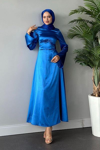 Şule Giyim Rochie de seara din satin incrucisata pe spate Indigo