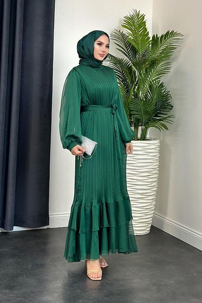 Şule Giyim Tight Pleated Belted Evening Dress Green