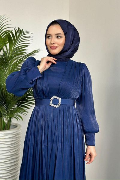 Şule Giyim Rochie de seara Seval bleumarin - cu centura in talie