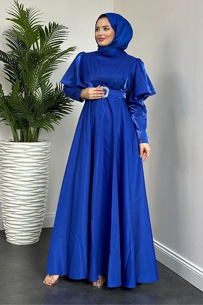 Şule Giyim Rochie de seară cu mânecă pelerina albastră Saks