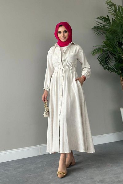 Şule Giyim Beylem Striped Linen Dress Pink