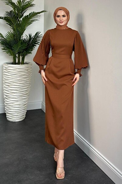 Şule Giyim Pia Pencil Dress with Pleated Sleeves - Brown