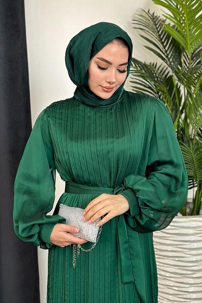 Şule Giyim Tight Pleated Belted Evening Dress Green