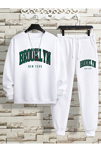 Mythologie Brooklyn New York Sweatshirt Jogger - White Printed Top and Bottom...