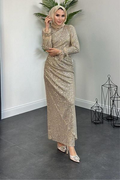 Şule Giyim Sleeve Fringe Sequin Evening Dress Gold
