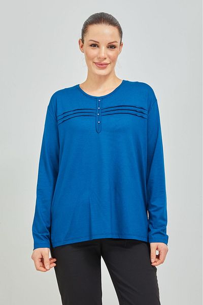 Elçelya Moda Bluză de damă din bumbac pieptănat cu lycra albastru indigo de vârstă mijlocie