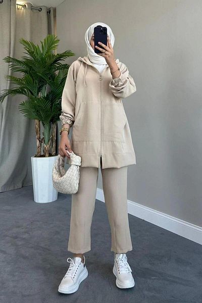 Şule Giyim Zippered Sports Set Beige