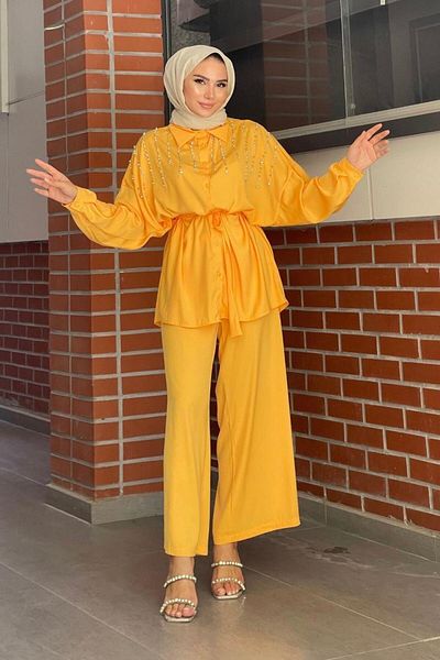 Şule Giyim Jewelled Front Trousers Set Orange