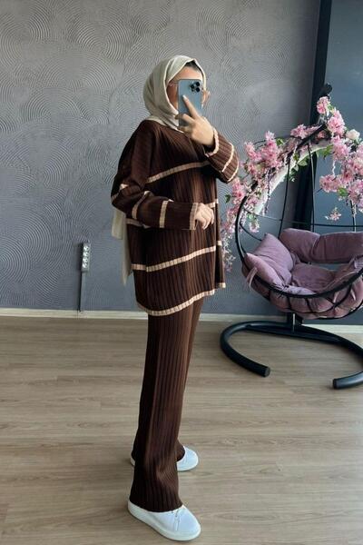 Şule Giyim Δίχρωμο Πλεκτό Κοστούμι Καφέ