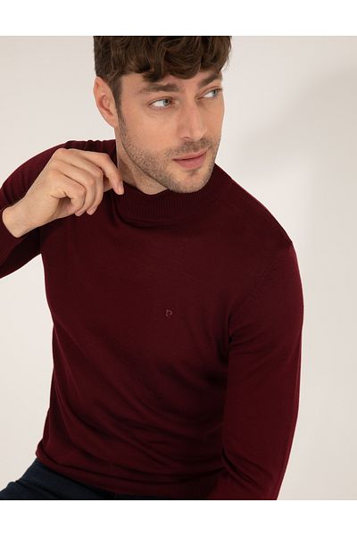 Pierre Cardin Claret Red Slim Fit Half Turtleneck Wool Blended Basic Knitwear Sweater 50257313-Vr030