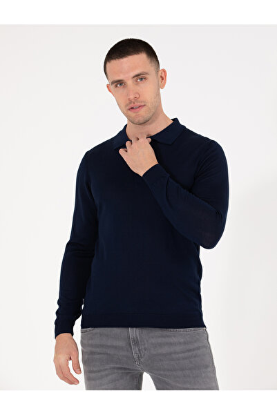 Pierre Cardin Navy Blue Slim Fit Polo Collar Wool Blended Basic Knitwear Swea...