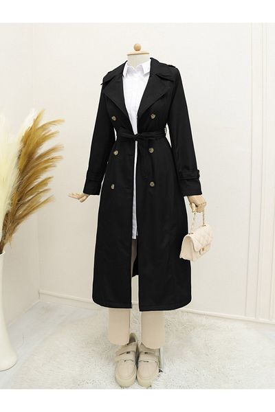 Modamorfo Schwarzer Trenchcoat – gefüttert und mit Gürtel